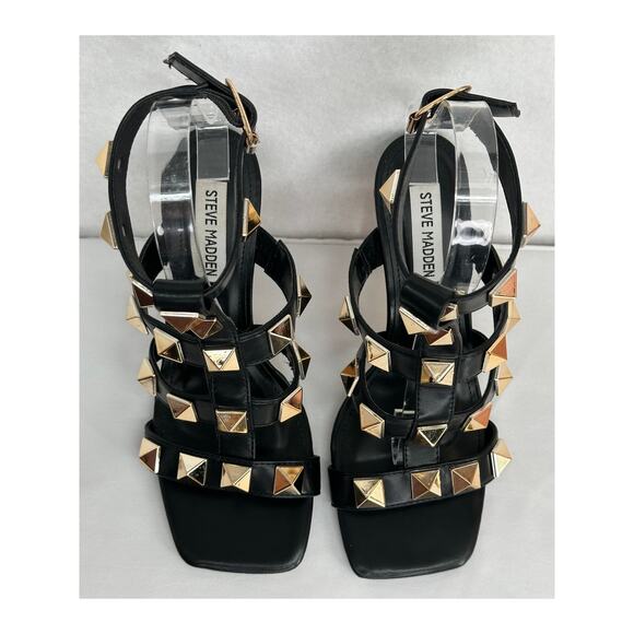 Steve Madden Buker Black Sandal Heels with Gold Studs Ankle Strap Buckle 7M - Picture 4 of 8